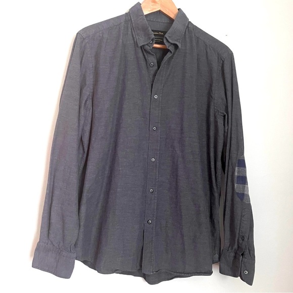 MASSIMO DUTTI Men’s Long Sleeve Casual Light Flannel Size L w/Plaid Elbow Patch - Picture 1 of 6